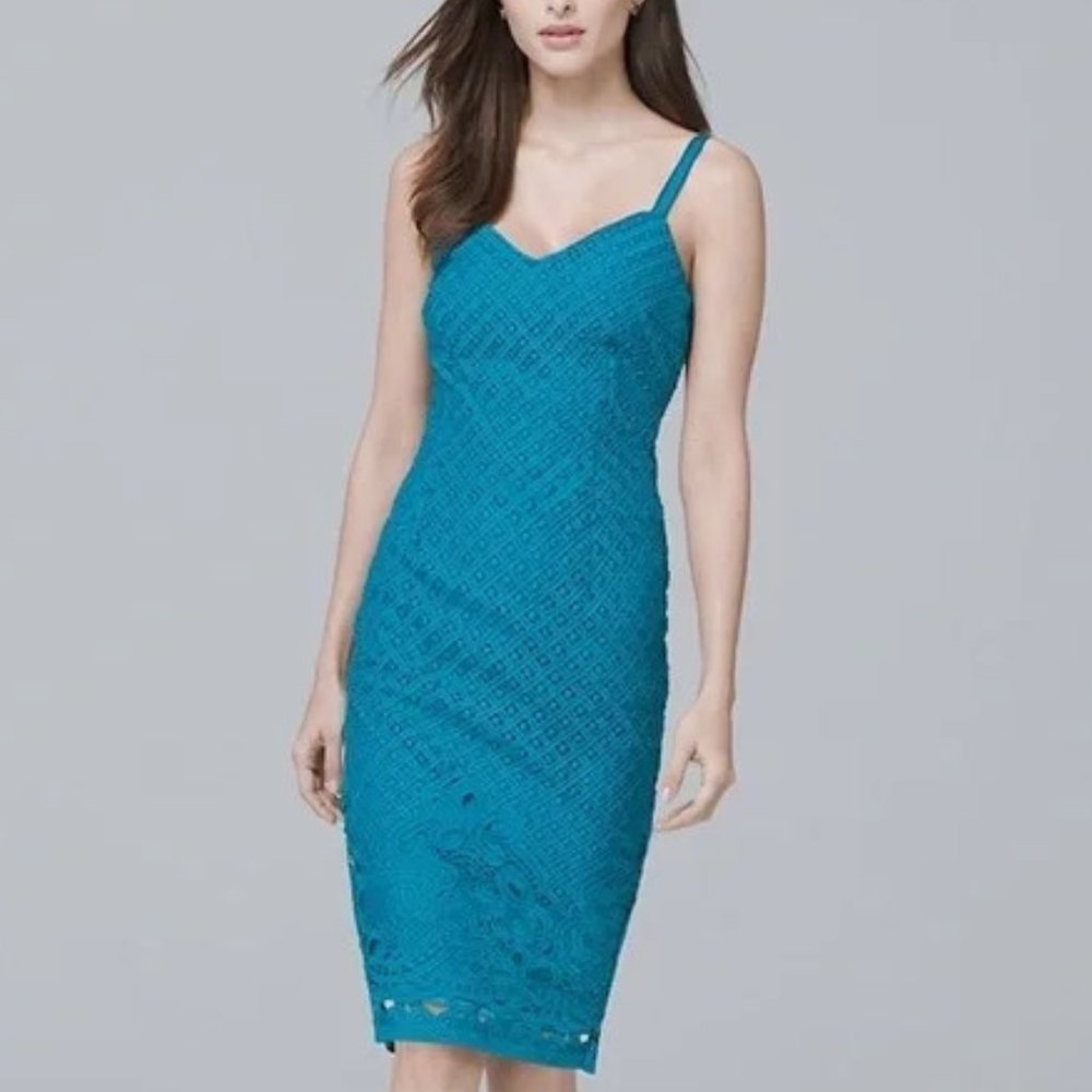 White House Black Market Sleeveless Lace Sheath Dress  Petrol Blue size 00 NWT